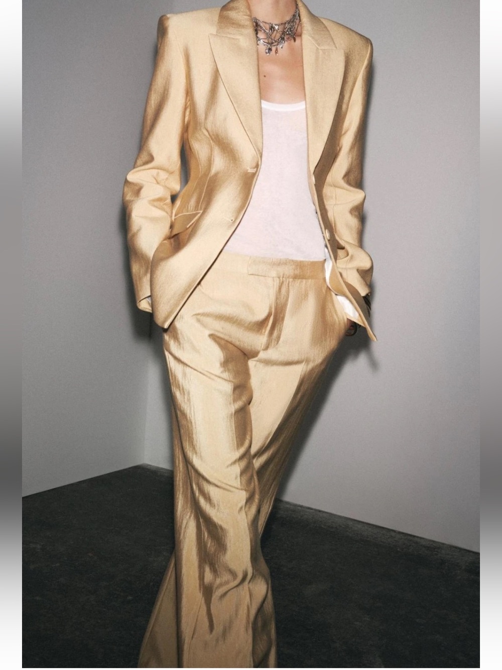 Zara NWT 2 piece SET ZW collection Gold cinch waist structured blazer & pants - Picture 6 of 15